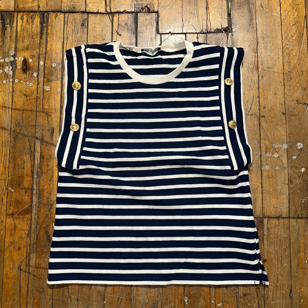 Zara Blouse Top Women's S Black White Striped Cap Sleeve Button Detail Crew Neck